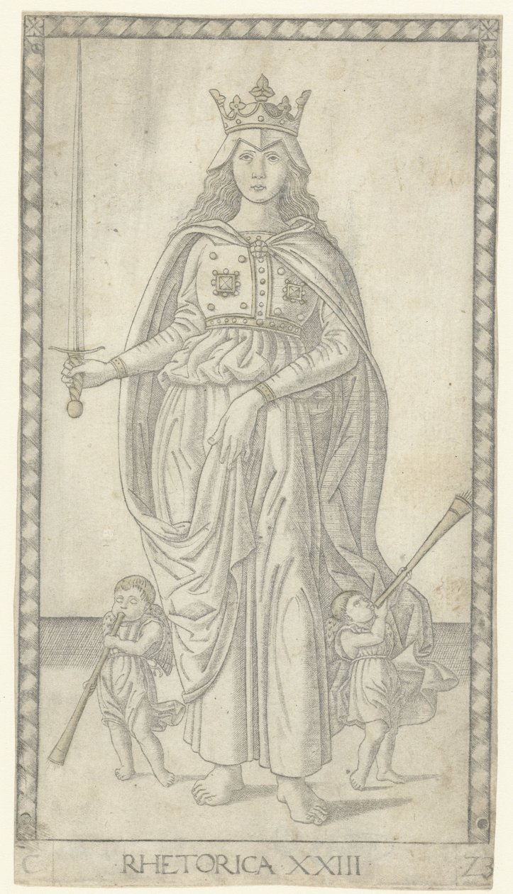 Rhétorique avec épée et deux petits anges avec trompettes (Rhetorica) (Tarocchi) - Anonymous