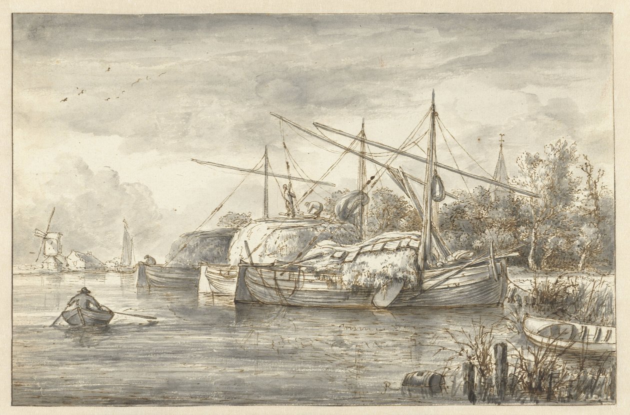 Paysage fluvial avec quelques bateaux de foin - Anonymous