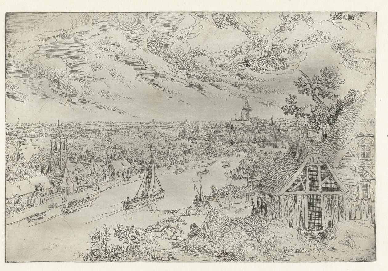 Paysage fluvial avec bateau de remorquage et pêcheurs au filet - Anonymous