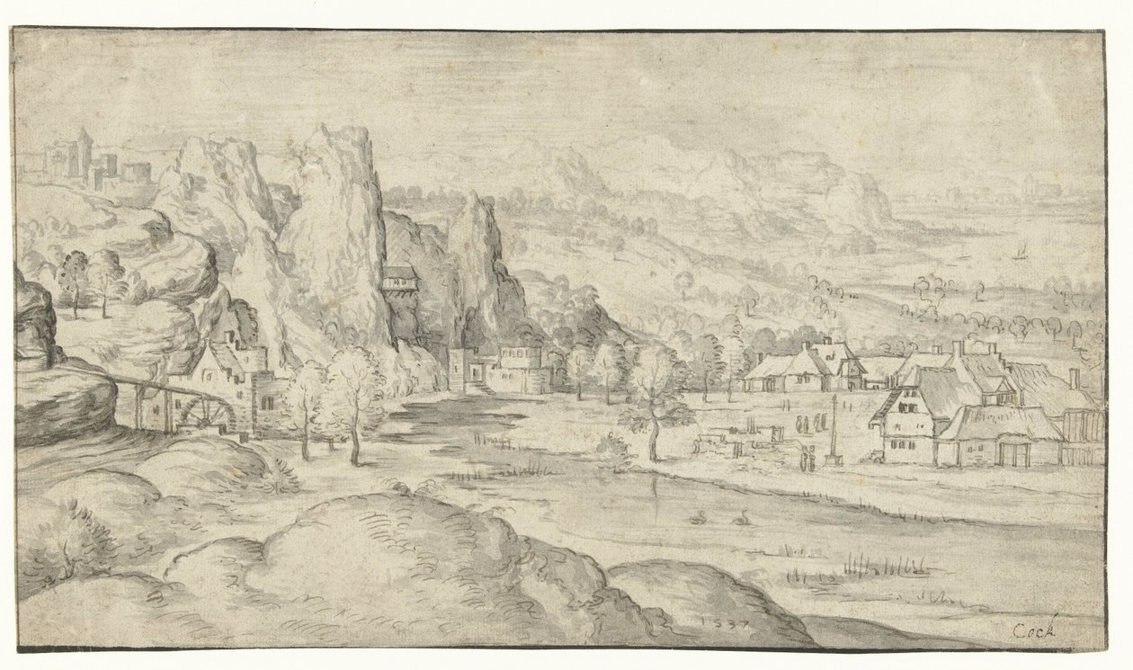 Paysage fluvial avec moulin à eau et rochers escarpés - Anonymous