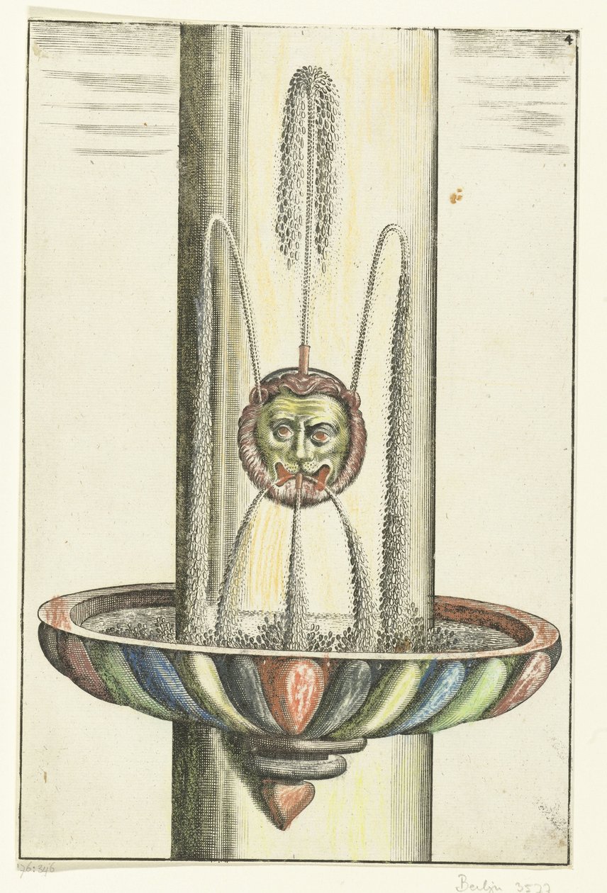 Bassin rond avec tête de lion (Architectura Curiosa Nova) - Anonymous