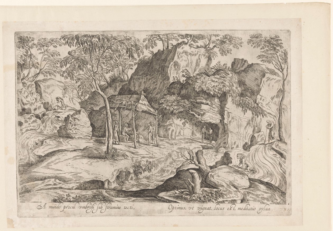 Paysage rocheux avec toit sur pilotis et lion à droite (série Landschappen naar Domenico Campagnola) - Anonymous