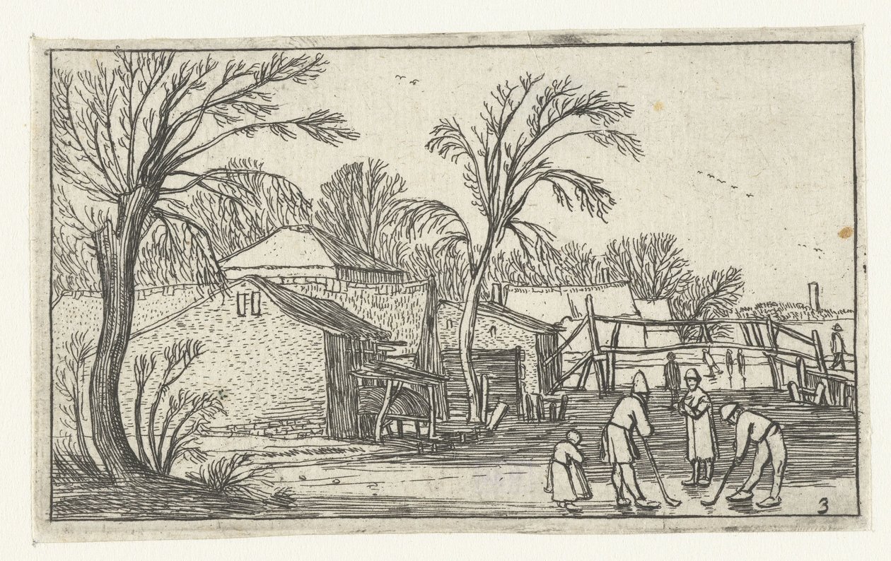 Patineurs et joueurs de crosse sur la glace devant des fermes - Anonymous