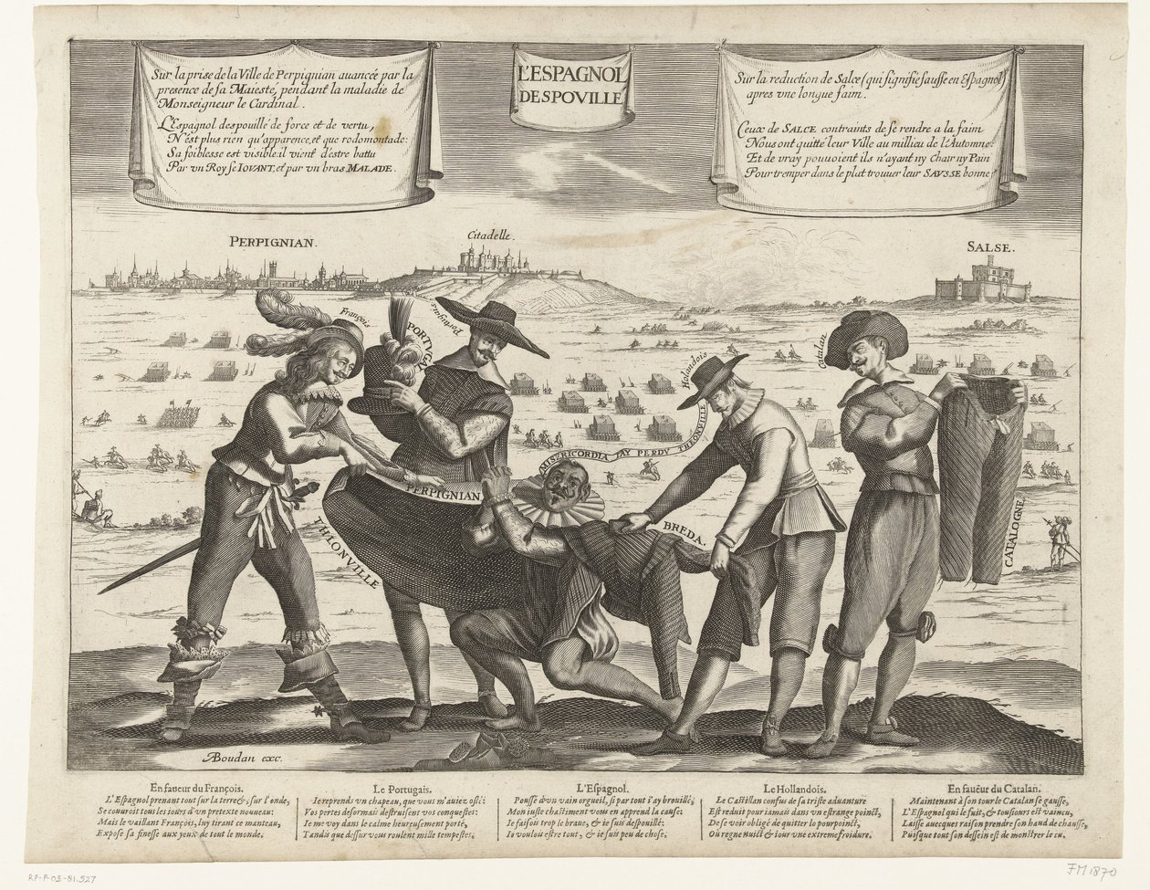 Caricature des Espagnols après la perte de Breda, Thionville, Perpignan, Portugal et Catalogne, 1643 - Anonymous