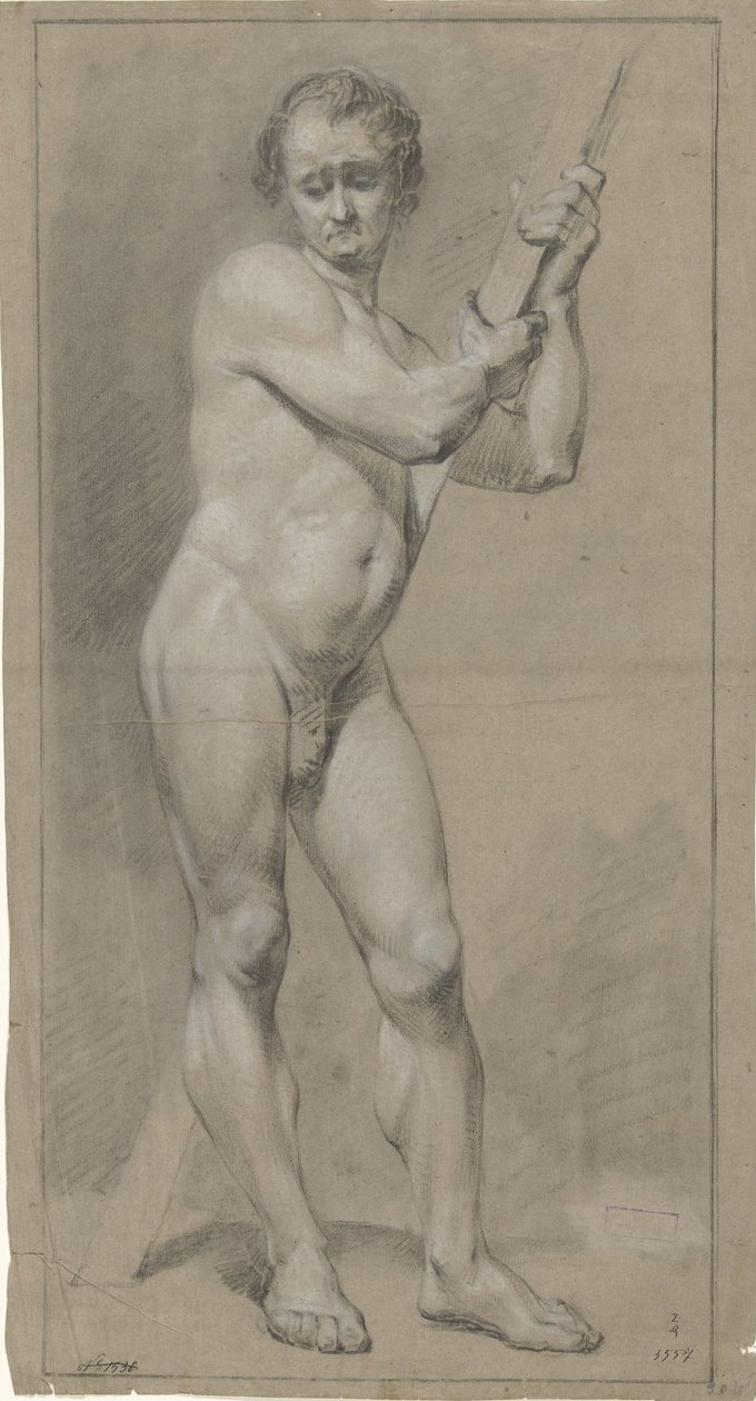 Homme nu debout, regardant vers le bas, les mains sur une poutre en bois - Anonymous