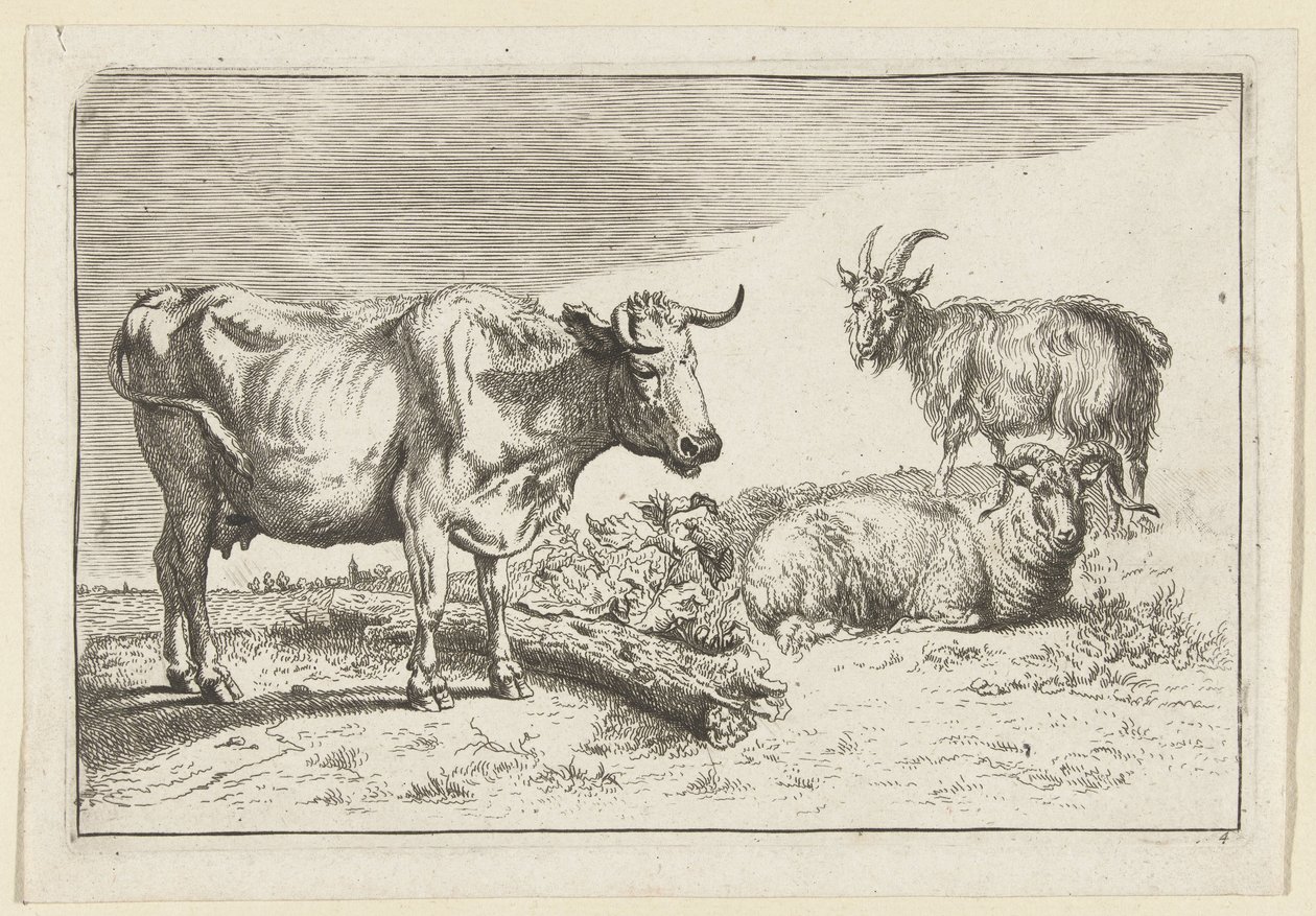 Vache debout avec une corne tordue, avec un mouton et une chèvre - Anonymous