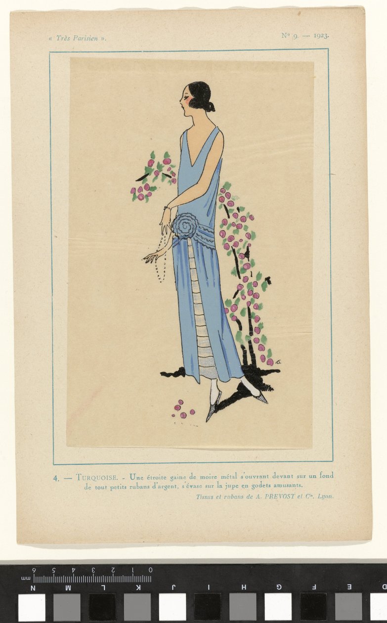 Très Parisien, 1923, No 9: 4. - TURQUOISE. - Une étroite gaine de moire... - Anonymous