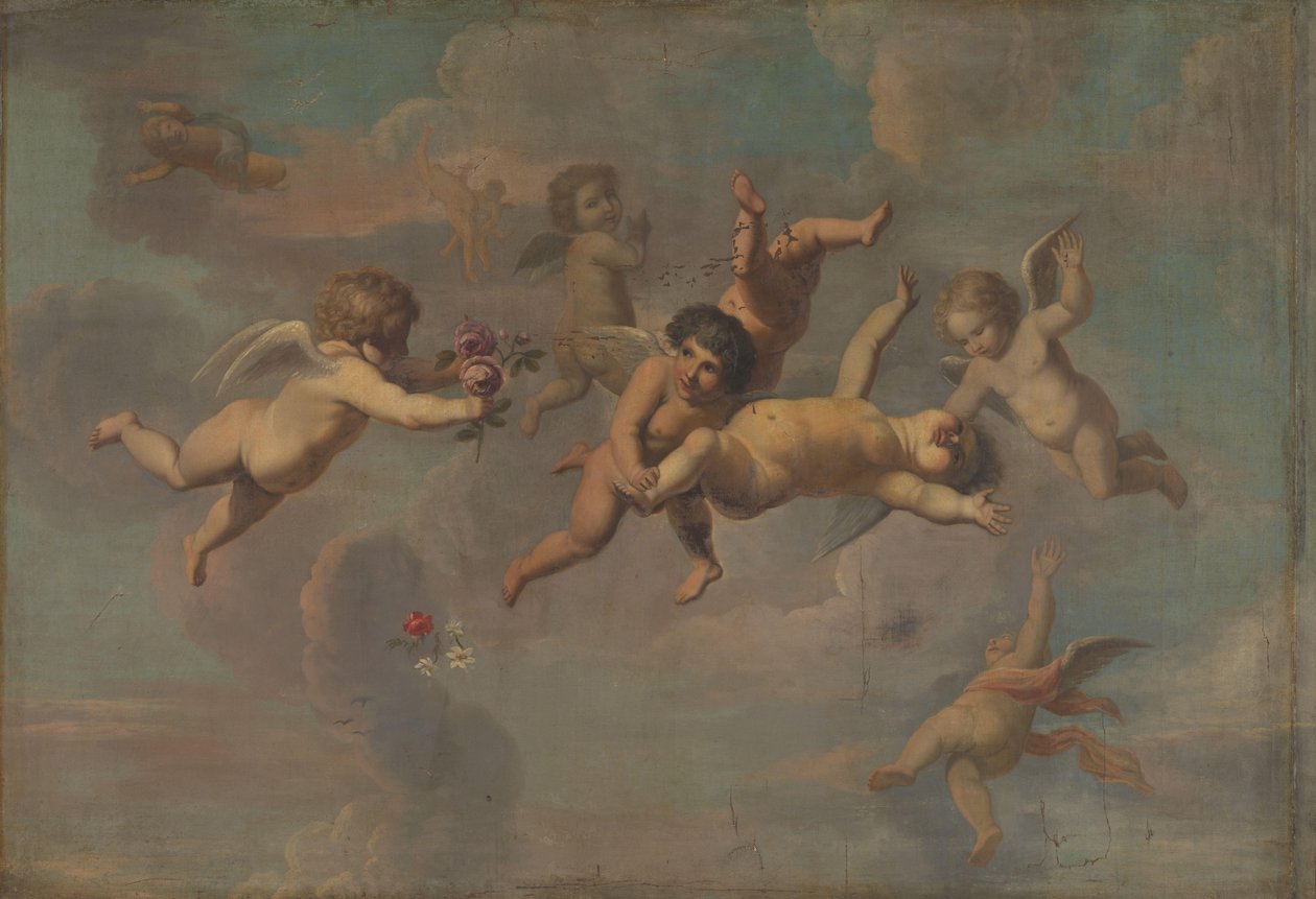 Putti tombant avec des fleurs - Anonymous