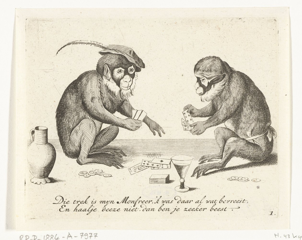 Deux singes jouant aux cartes (Différentes scènes de la vie humaine représentées par des singes) (Wat is 