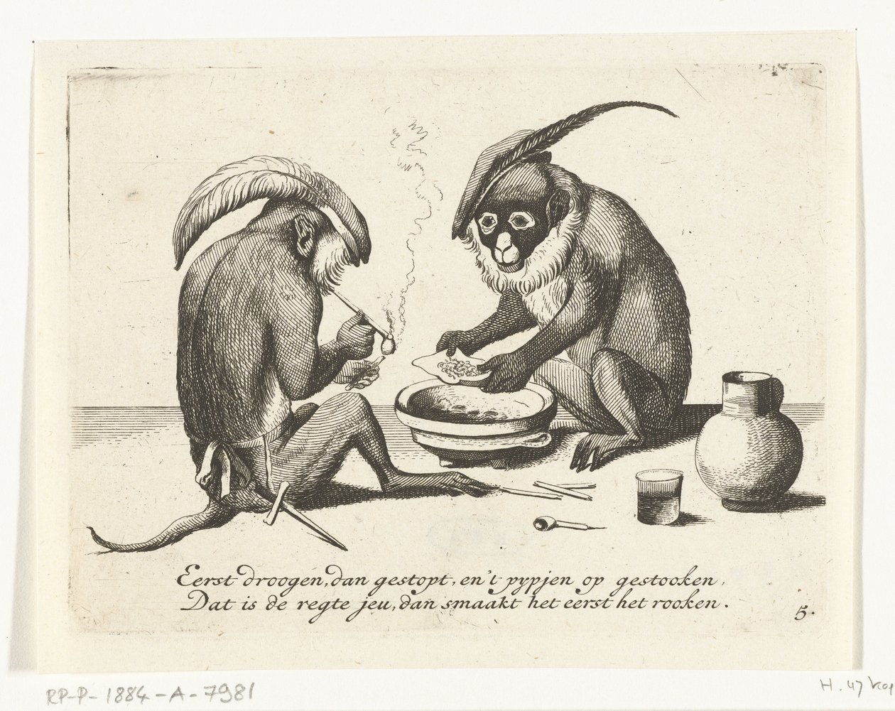 Deux singes fumant une pipe (Verschillende bedrijven uit het menselijke leven door apen voorgesteld) - Anonymous