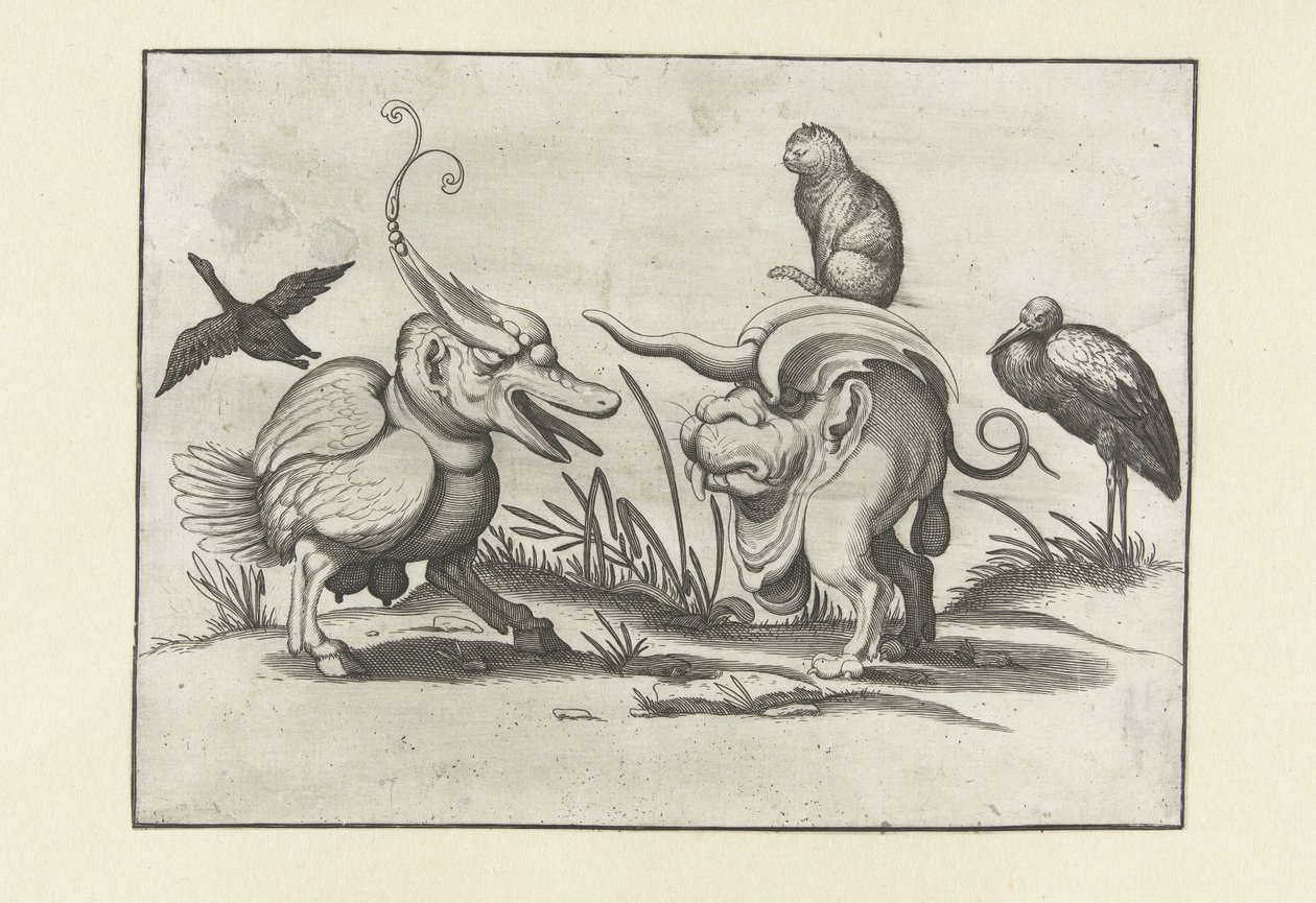Deux monstres avec chat, oie et cigogne - Anonymous