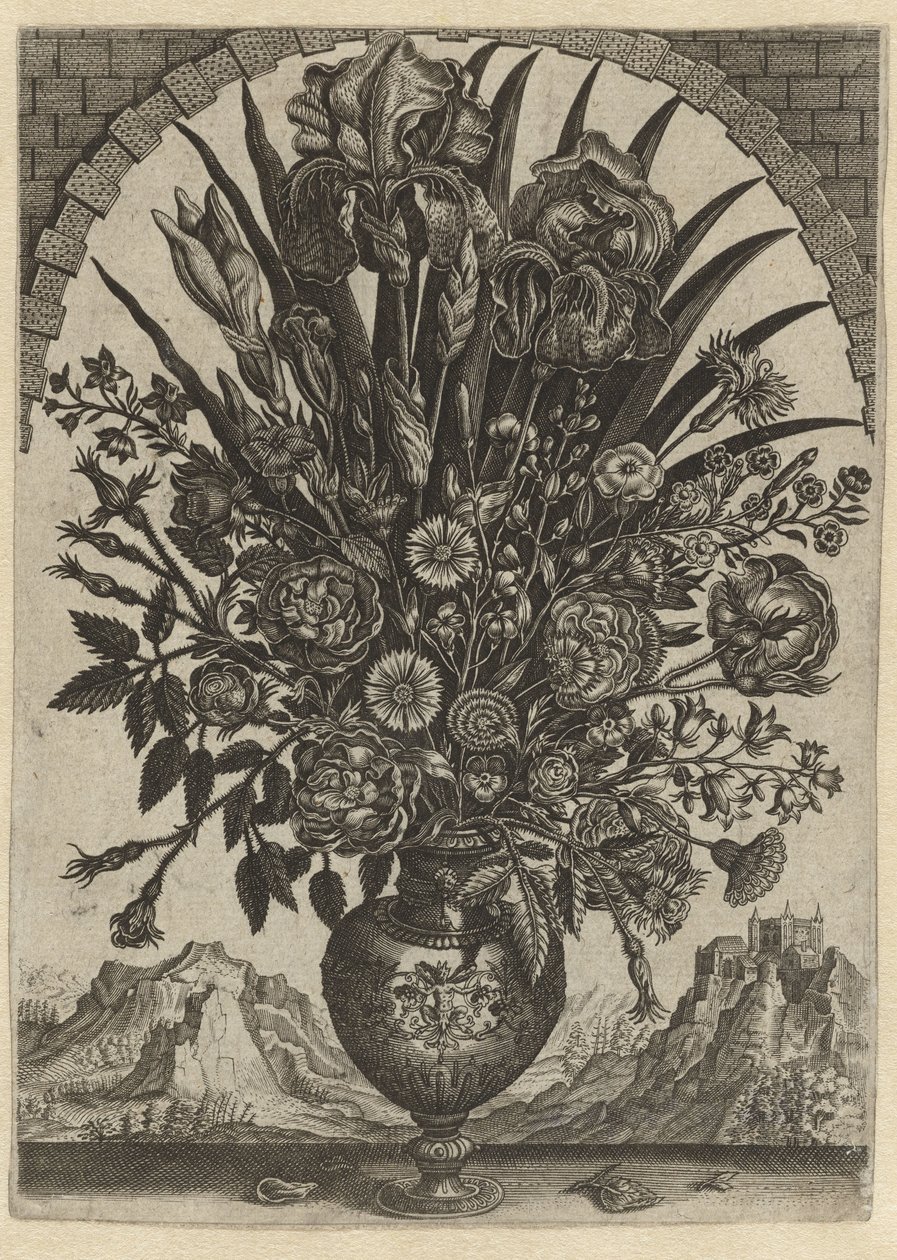 Vase avec des fleurs dans une fenêtre en arc - Anonymous