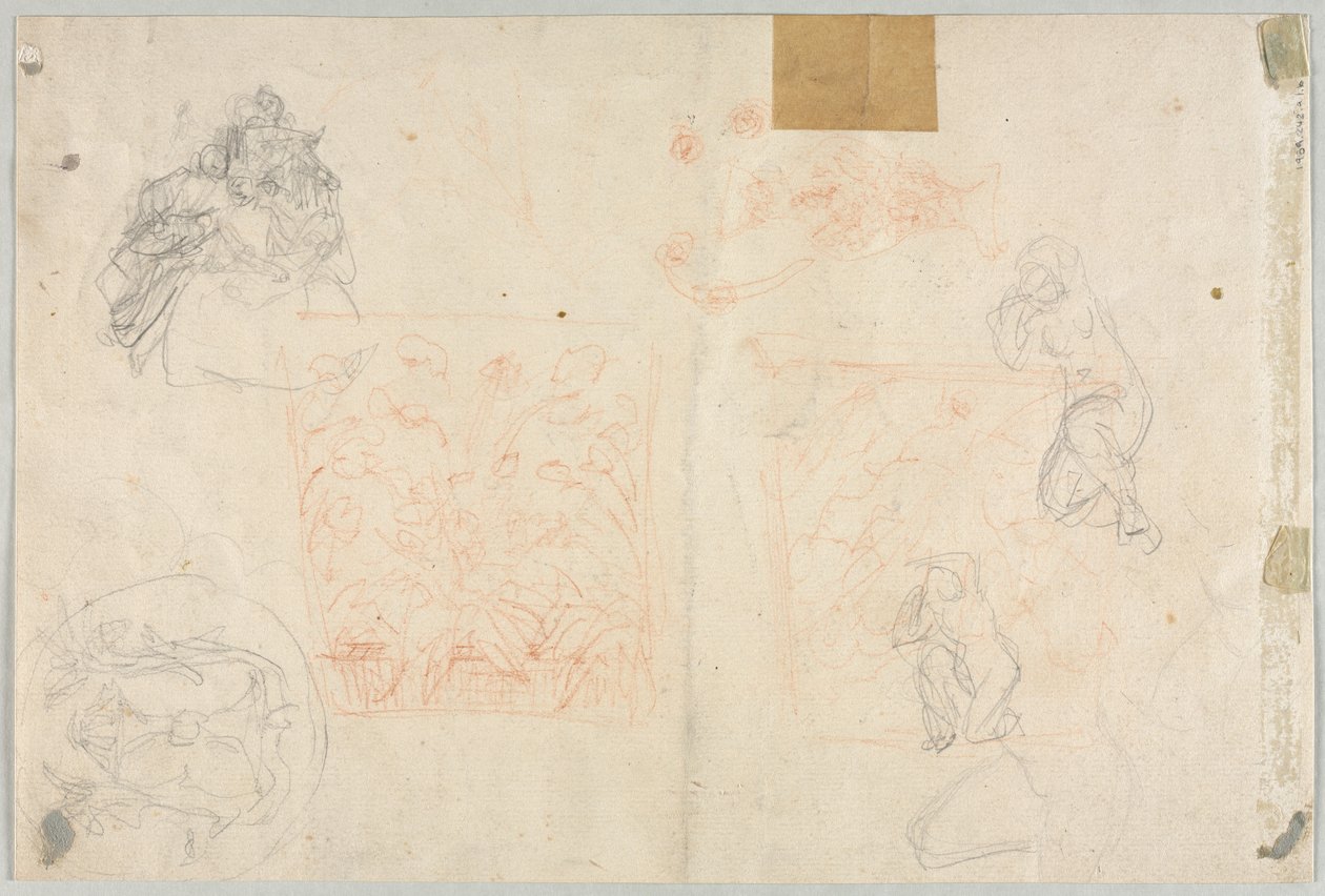 Divers croquis de figures et de plantes (verso) - Anonymous