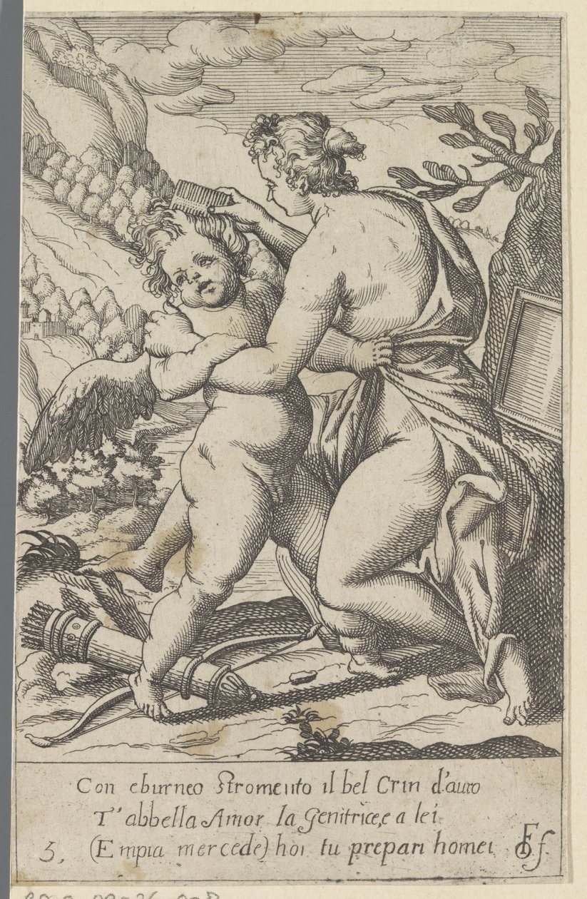 Vénus peigne ses cheveux avec Amour - Anonymous
