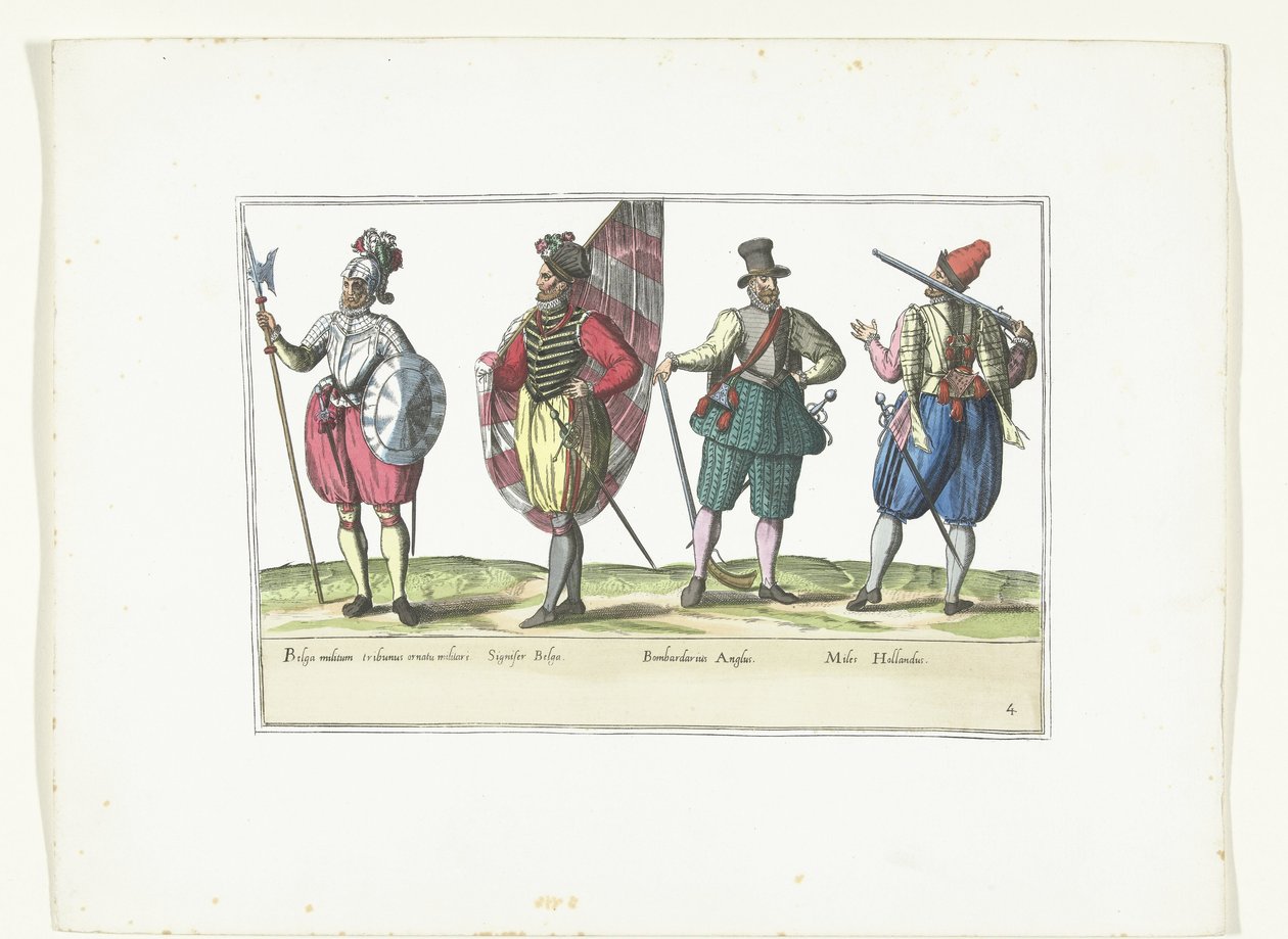 Quatre militaires en uniformes selon la mode aux Pays-Bas et en Angleterre, vers 1580 (Costumes militaires des Pays-Bas) - Anonymous