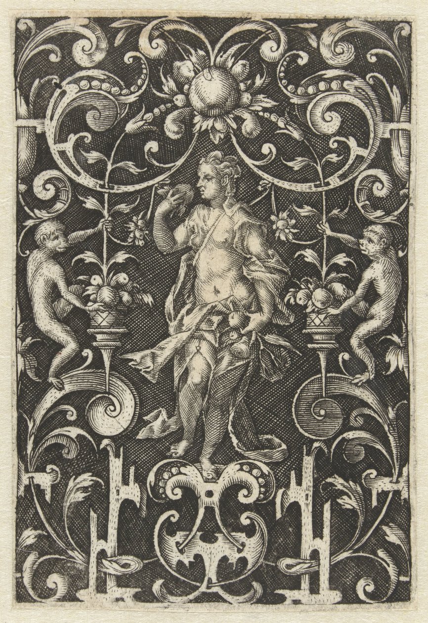 Décoration plate avec le Goût (Personnifications des cinq sens, entourées de grotesques avec des animaux et des fruits) - Anonymous