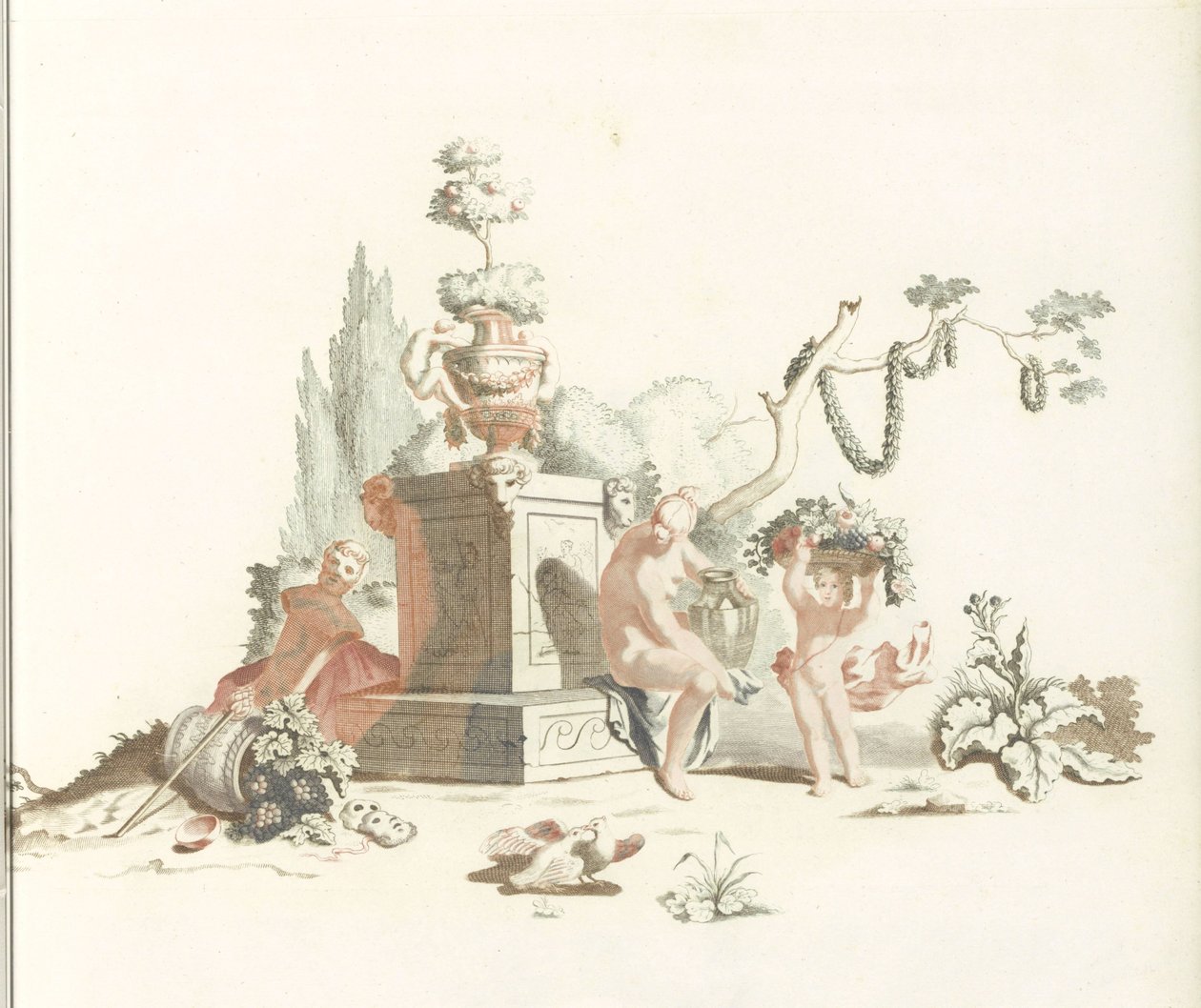 Femme et garçon avec panier de fleurs au pied d