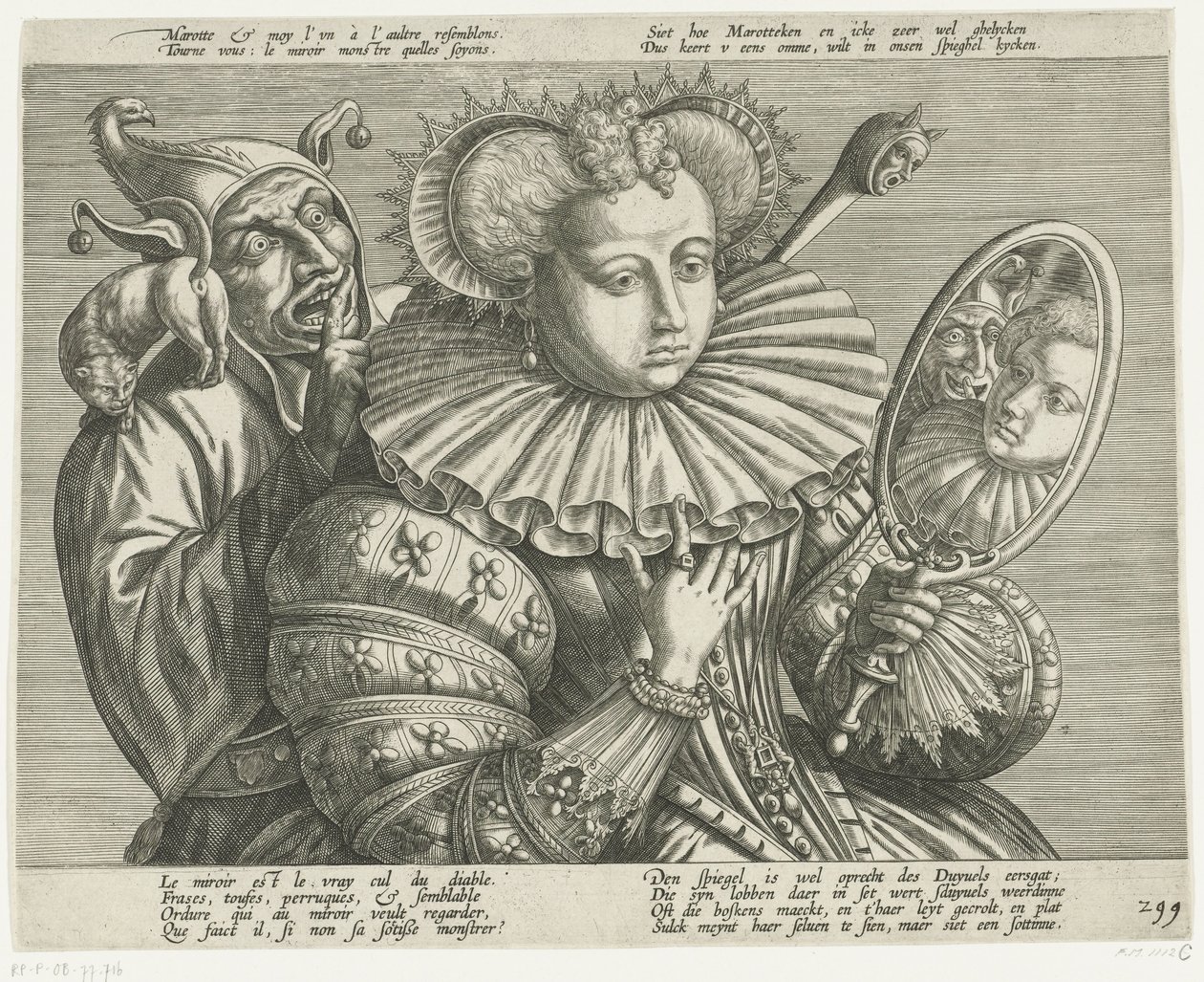 Femme avec un miroir et un bouffon : caricature du col raide coûteux, vers 1600 - Anonymous