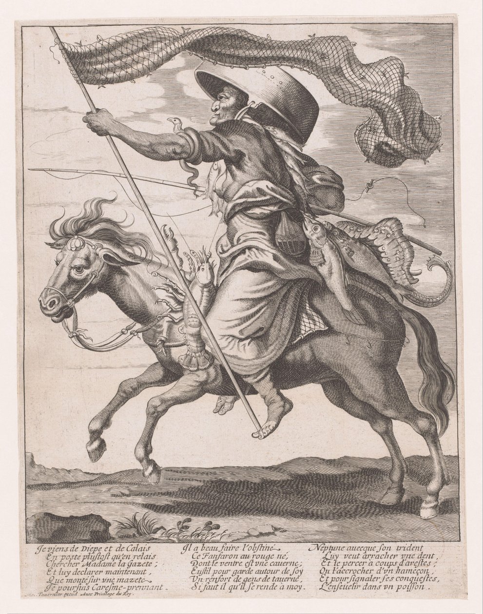 Femme à cheval, ornée de poissons et d