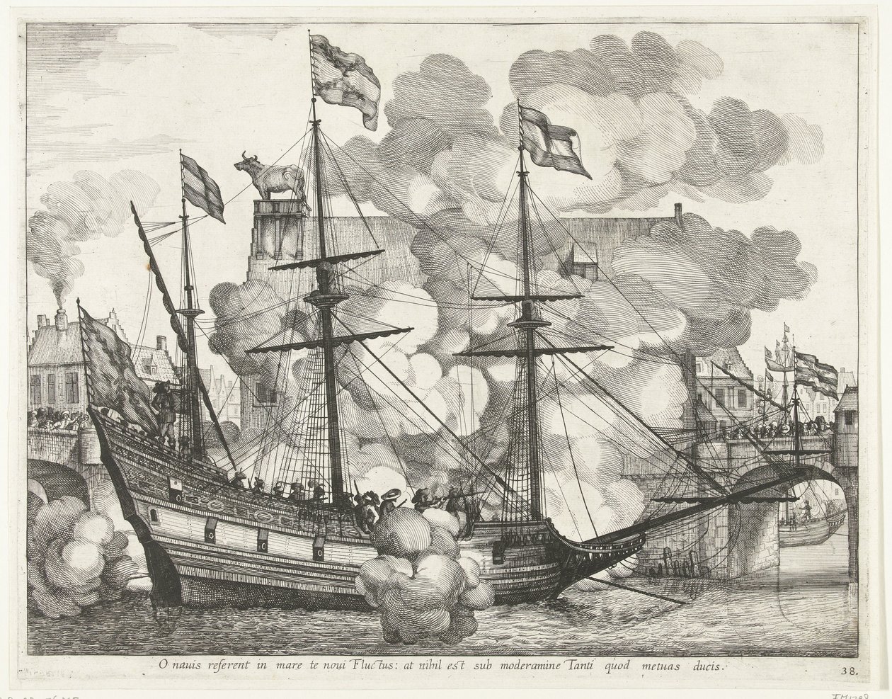 Navire à voile, vers la droite; entrée de Ferdinand à Gand en 1635 - Anonymous