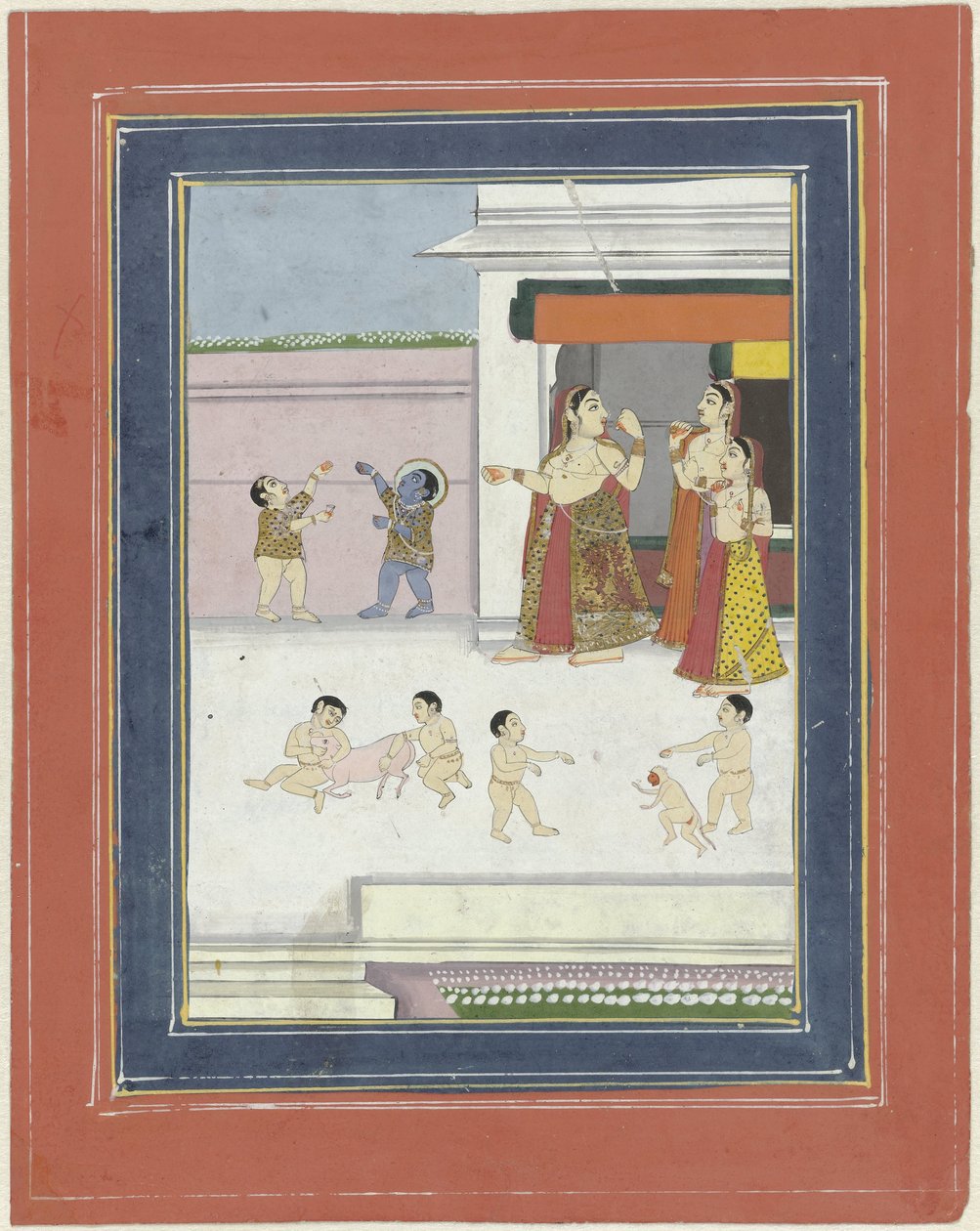 Trois femmes et enfants jouant avec Krishna - Anonymous