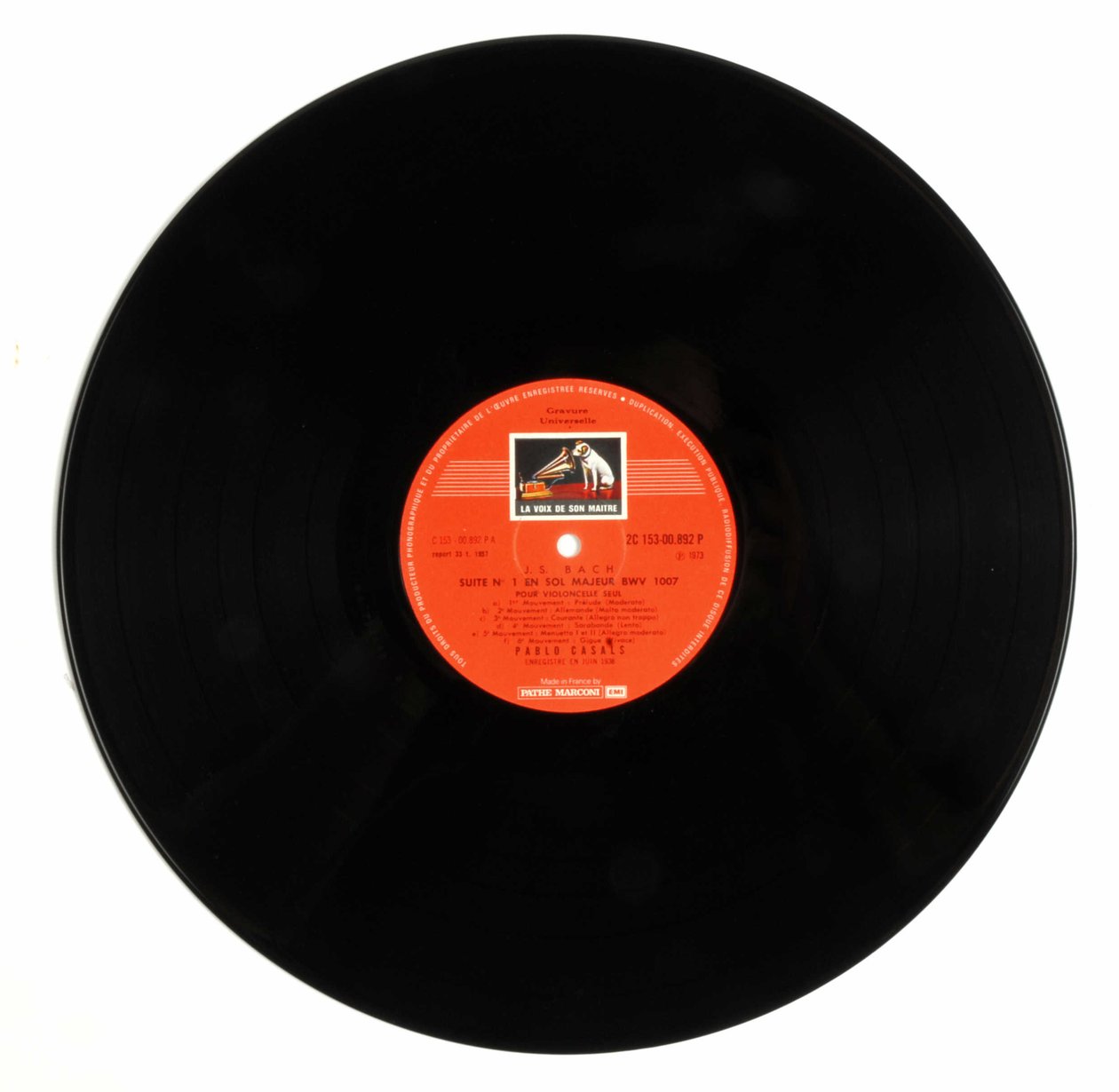 Disque vinyle 33 tours de la marque « EMI la voix de son maître » par Pablo Casals interprétant les 6 suites pour violoncelle de Jean-Sébastien Bach - Anonymous Anonymous