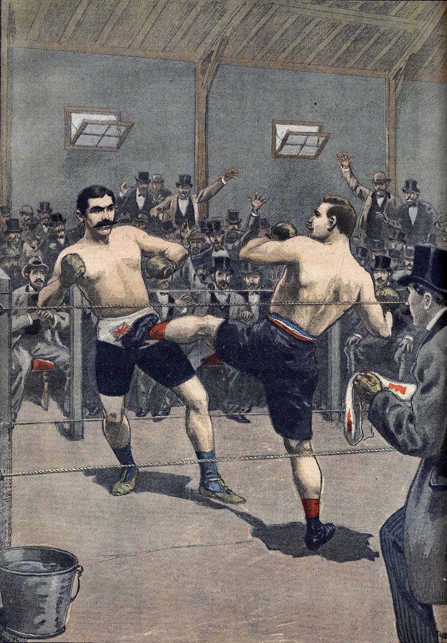Une attaque de boxe : victoire du champion français Joseph Charlemont (1839-1918) contre Jerry Discroll avec la technique de la 