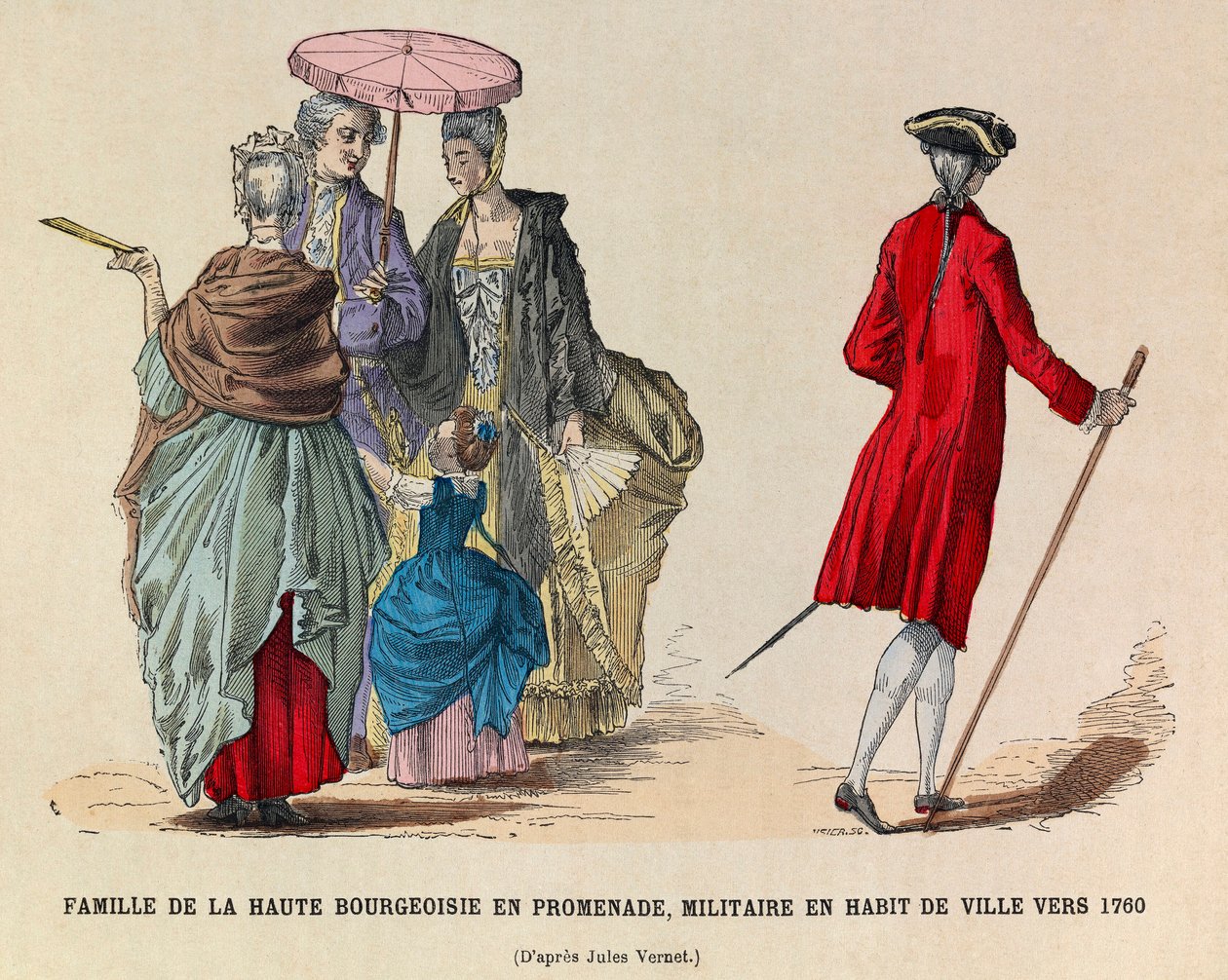 Une famille de haute bourgeoisie en promenade et un soldat en tenue de ville en 1760 (règne du roi Louis XV) - Anonymous Anonymous