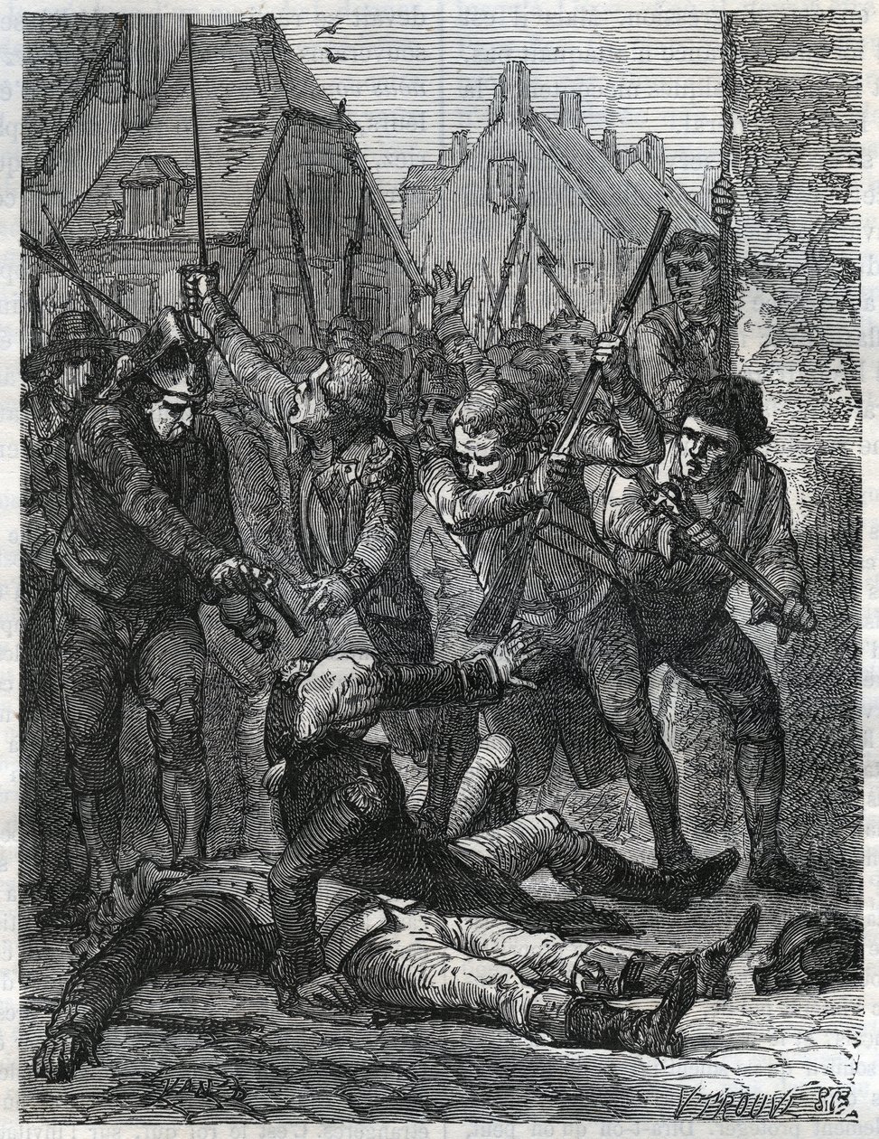 Une scène pendant la période de la Révolution française : Théobald de Dillon (1745-1792) et un officier génie nommé Berthois, massacrés par les soldats et les habitants de Lille, qui les accusaient de trahison. Gravure de 1866 dans « Histoire de la Révolut - Anonymous Anonymous