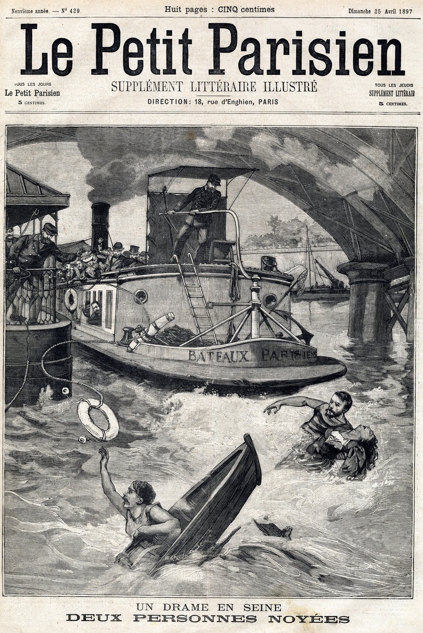 Accident dans la Seine : deux personnes dans un bateau noyé. Dans « Le Petit Parisien » du 25/04/1897 - Anonymous Anonymous