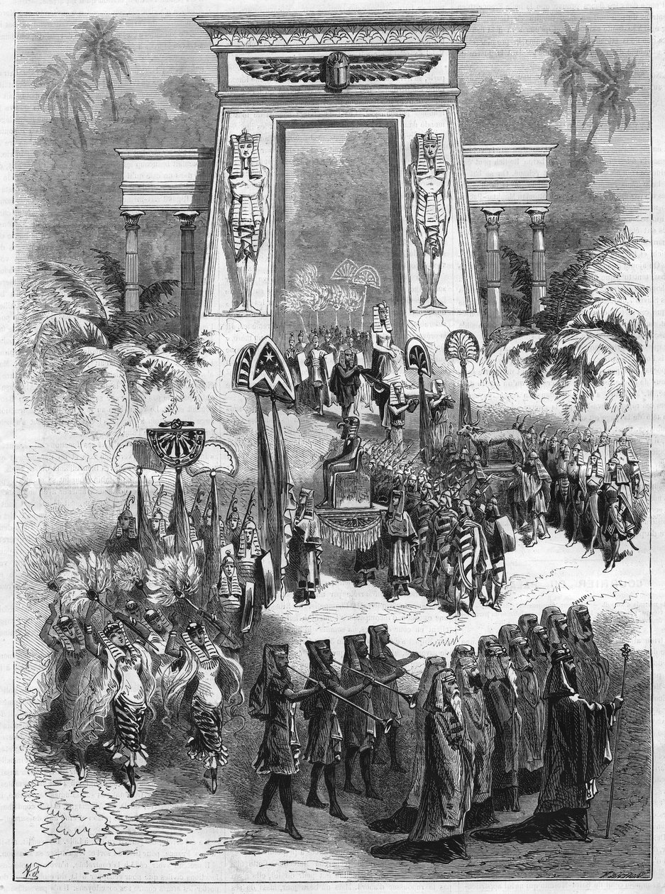 Acte II de la pièce, Aida. Grand opéra en quatre actes et sept tableaux de Giuseppe Verdi (1813-1901) joué au théâtre italien à Paris. Gravure dans "L