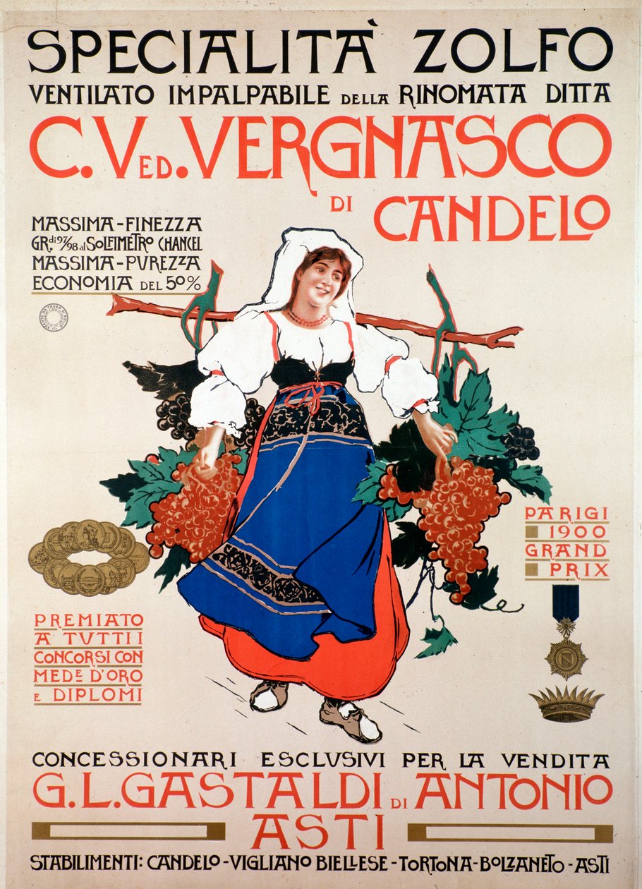 Affiche publicitaire pour le fongicide soufre tamisé produit par la société italienne Vergnasco Candelo, 20e siècle - Anonymous Anonymous