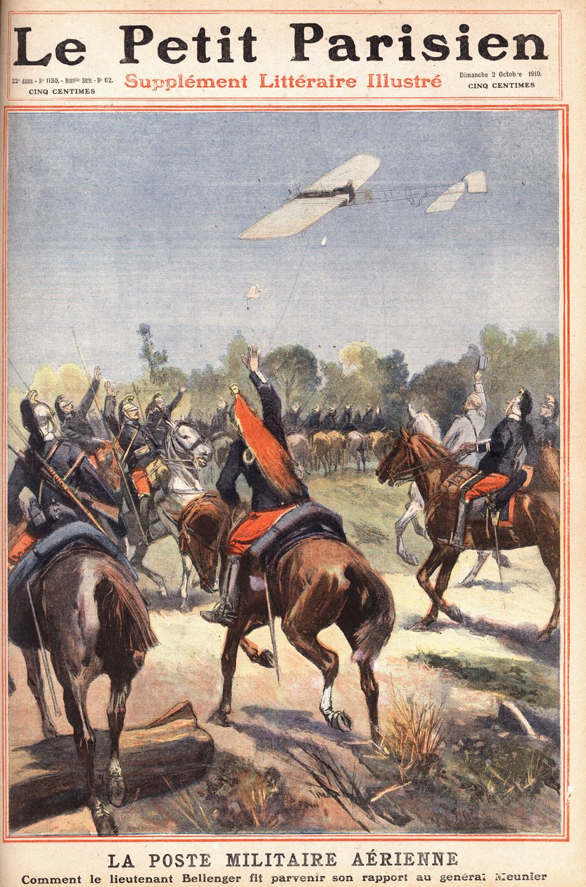Poste militaire aérien : comment le lieutenant Georges Bellenger (1878-1977) a envoyé son rapport au général Meunier, Une du journal "Le Petit Parisien" le 2/10/1910 (gravure) - Anonymous Anonymous