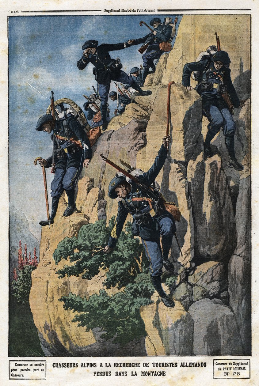 Chasseurs alpins à la recherche de touristes allemands perdus. Ils voulaient aller au mont Nero (Casque du Nero) du massif de la Chartreuse. Gravure dans « Le Petit Journal », le 7/07/1912. Collection privée. - Anonymous Anonymous