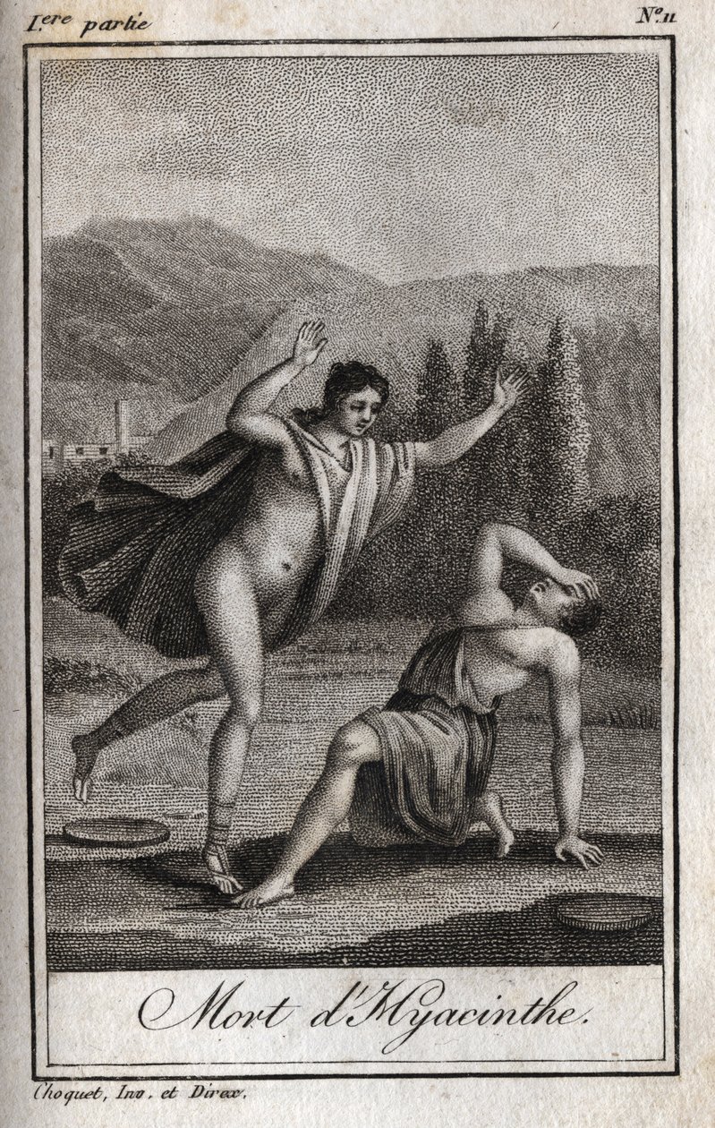 Apollon et Hyacinthos (Mort de Hyacinthe) Gravure de 1819 dans "Lettres à Emilie sur la mythologie" par Charles Albert Demoustier (1760-1801). Collection privée. - Anonymous Anonymous