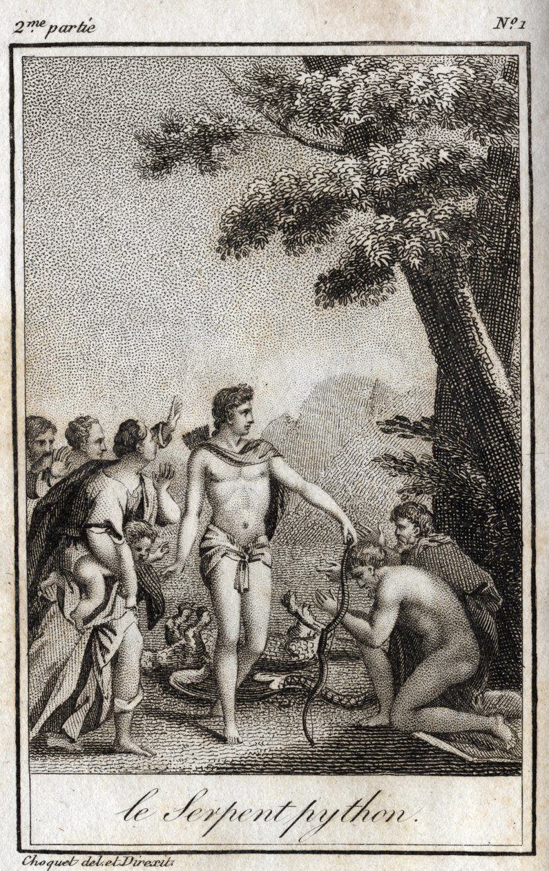 Apollon et le serpent Python sur le mont Parnasse. Gravure de 1819 dans « Lettres à Emilie sur la mythologie » de Charles Albert Demoustier (1760-1801). Collection privée. - Anonymous Anonymous