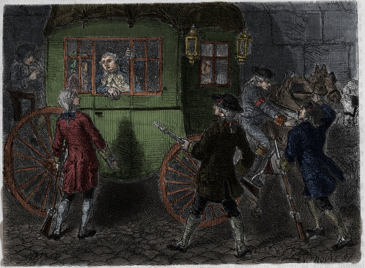 Arrestation de Louis XVI (1754-1793) et de sa famille en fuite à Varennes le 21 juin 1791. Gravure de 1866 dans «Histoire de la Révolution française» d