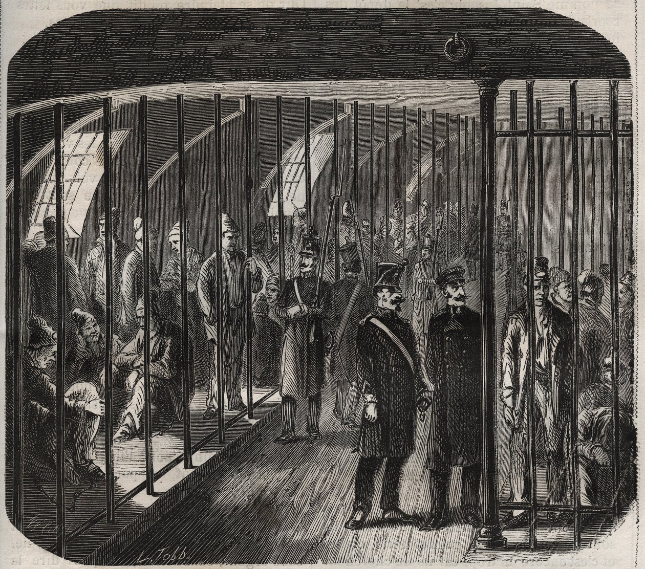 Arrivée des forces à bord pendant le convoi de Toulon à Cayenne (Guyane) en vertu du décret du 8 décembre 1851. Gravure dans « Histoire des bagnes depuis leur création à nos jours » (1877) par Pierre Zaccone (1817-1895) - Anonymous Anonymous