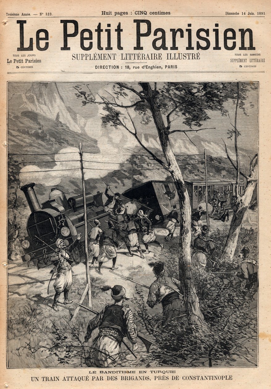 Banditisme en Turquie, un train attaqué par des voleurs près de Constantinople. Gravure dans "Le petit Parisien" de 1891. Collection privée. - Anonymous Anonymous