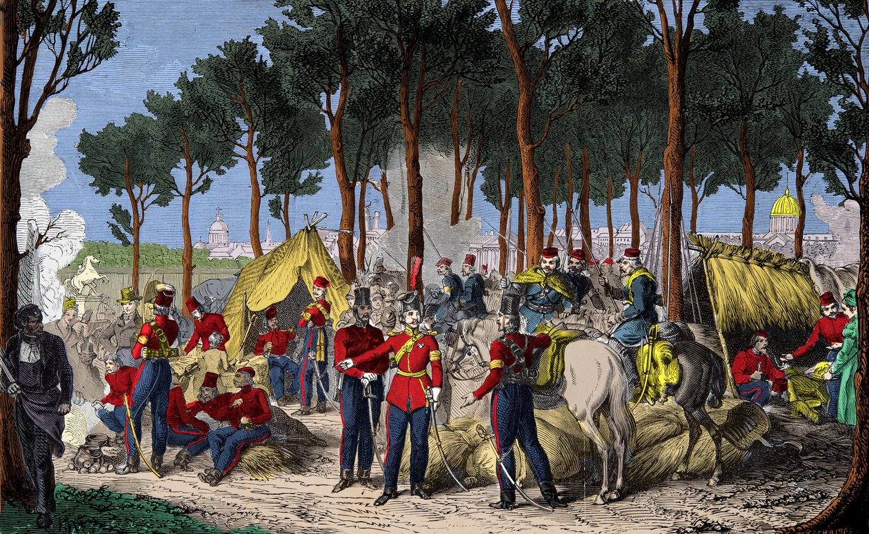 Campement des troupes russes et anglaises aux Champs-Élysées à Paris en juillet 1815 après la défaite de Napoléon Ier, Gravure, Collection privée - Anonymous Anonymous