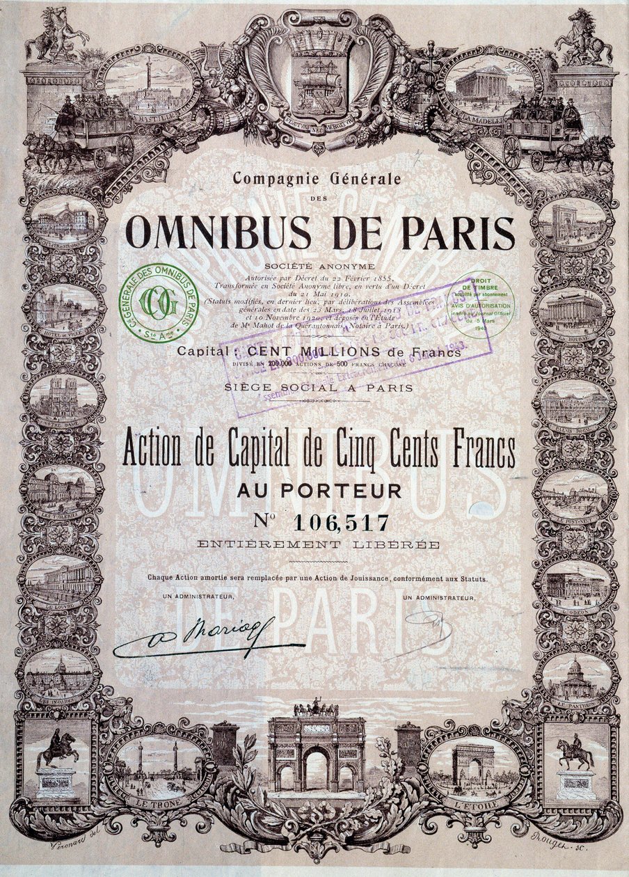 Part de capital de 500 Francs dans les omnibus de Paris, 20e siècle Coll. Part - Anonymous Anonymous