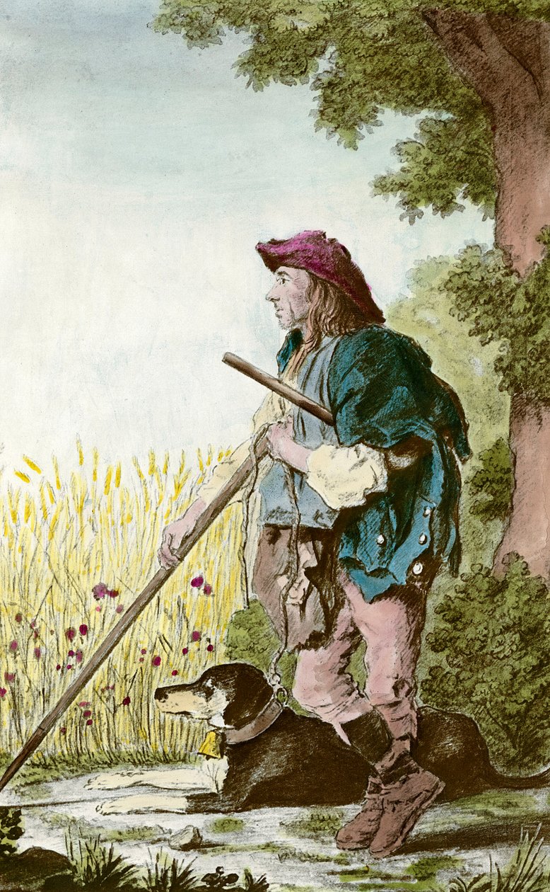 Caractère de la garde récolte : un paysan surveillant les champs avec son chien (estampe du 18e siècle, collection privée) - Anonymous Anonymous