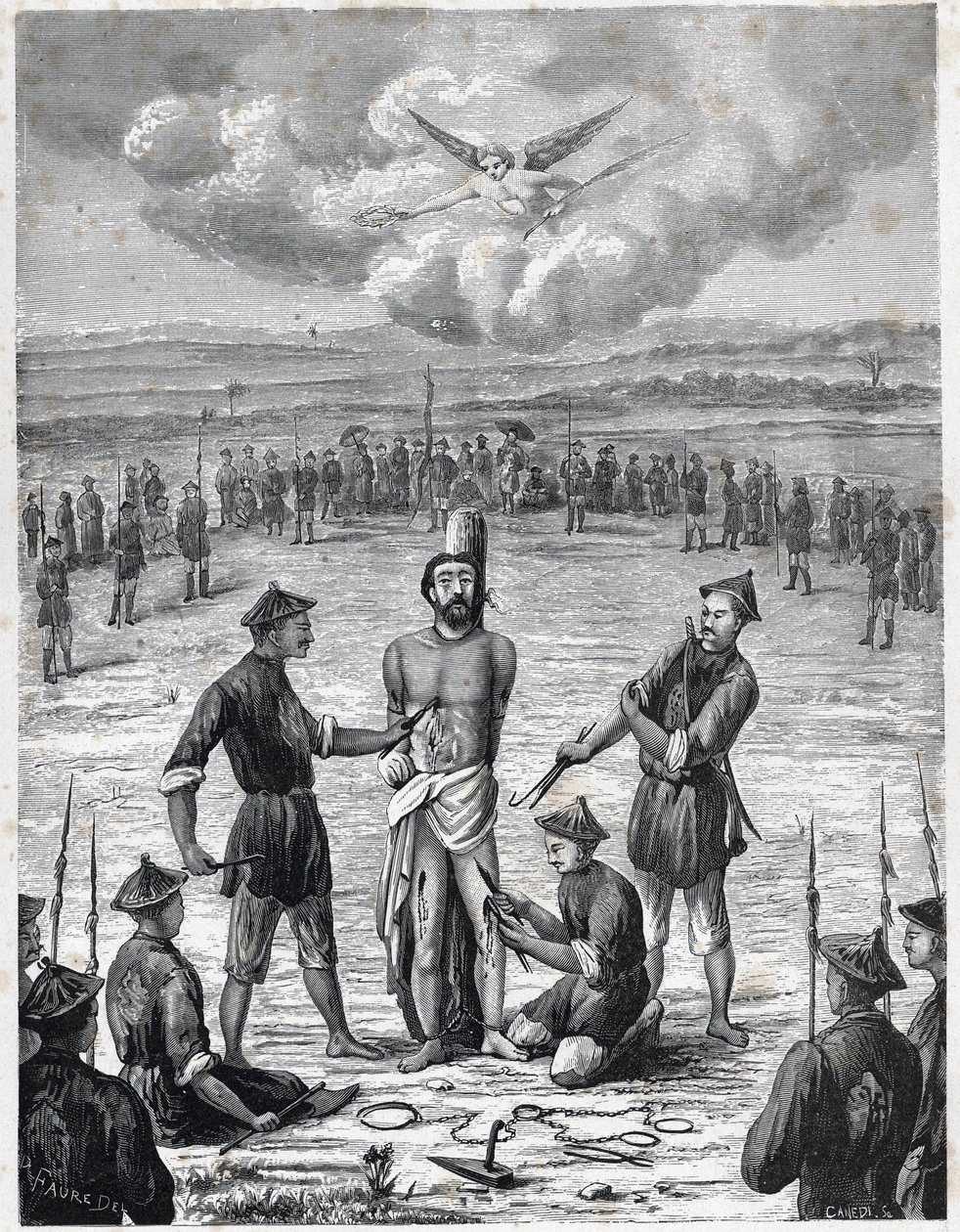 Persécution chrétienne : le prêtre missionnaire français Joseph Marchand a subi le "supplice des cent plaies" en Cochinchine le 30 novembre 1835. Gravure dans "Les Missions Catholiques au XIXe Siècle" par Louis-Eugène Louvet. Collection privée. - Anonymous Anonymous