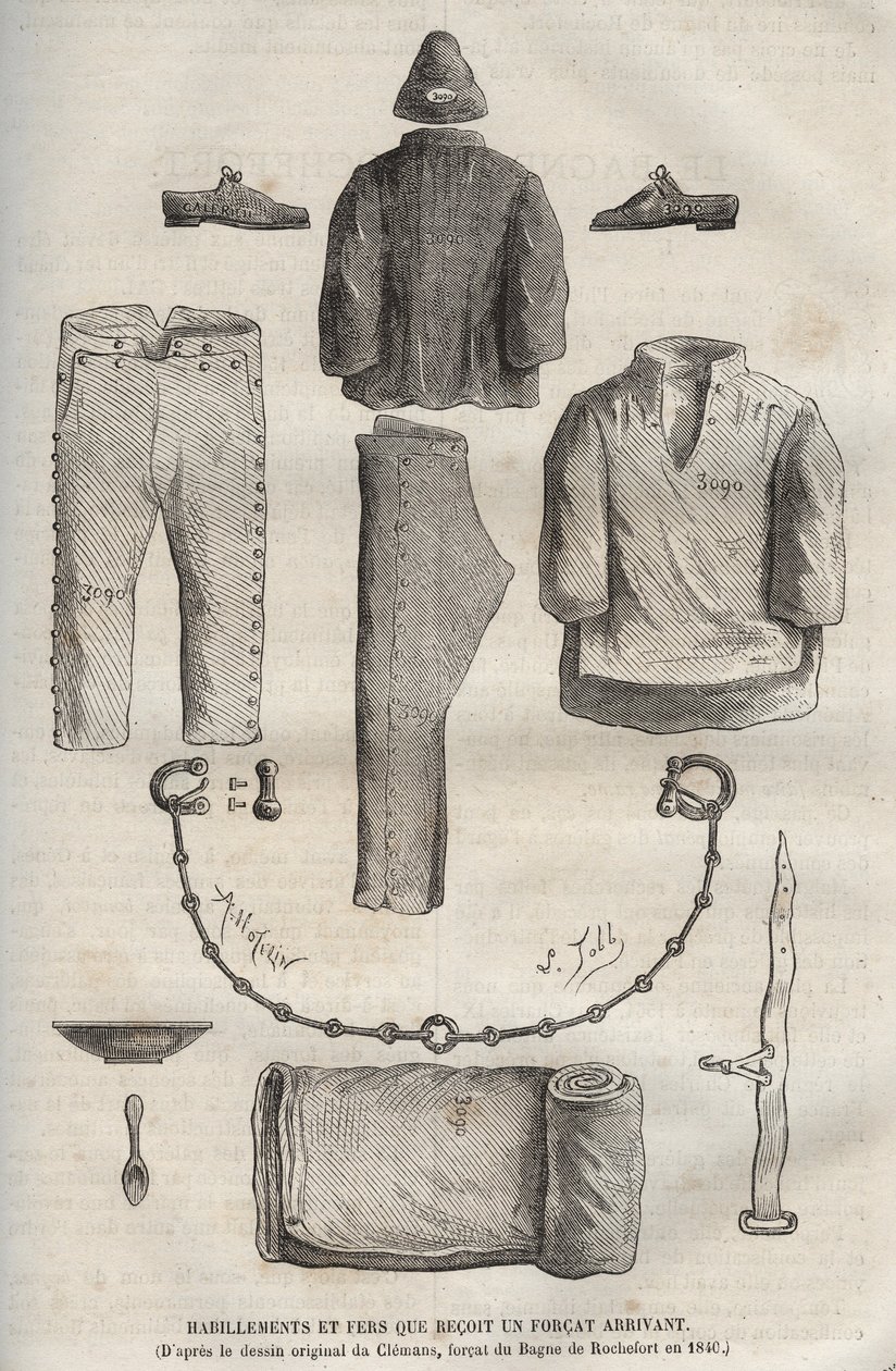 Vêtements et fers reçus par un forçat arrivant au bagne de Rochefort au XIXe siècle (d