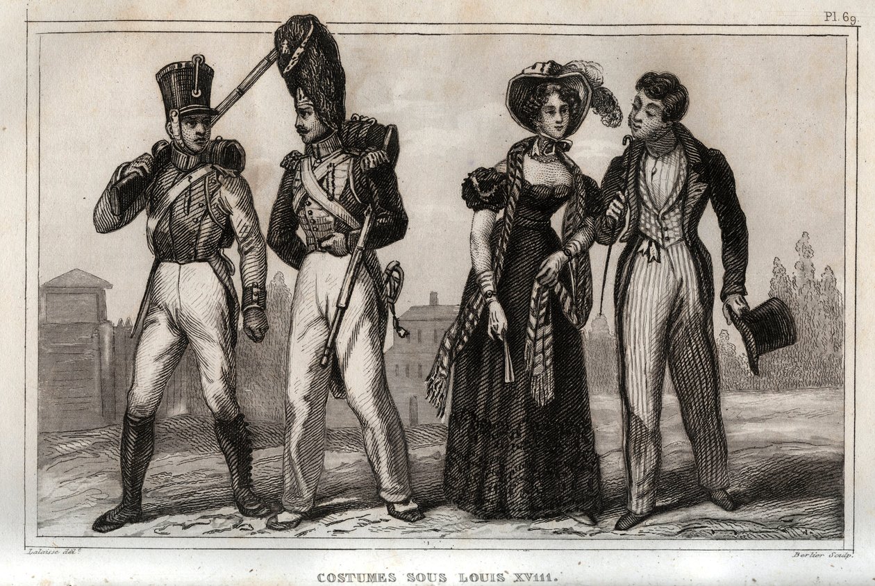 Costumes sous Louis XVIII. Gravure de 1859 dans "Le Monde. Histoire de tous les peuples depuis les temps les plus reculés jusqu