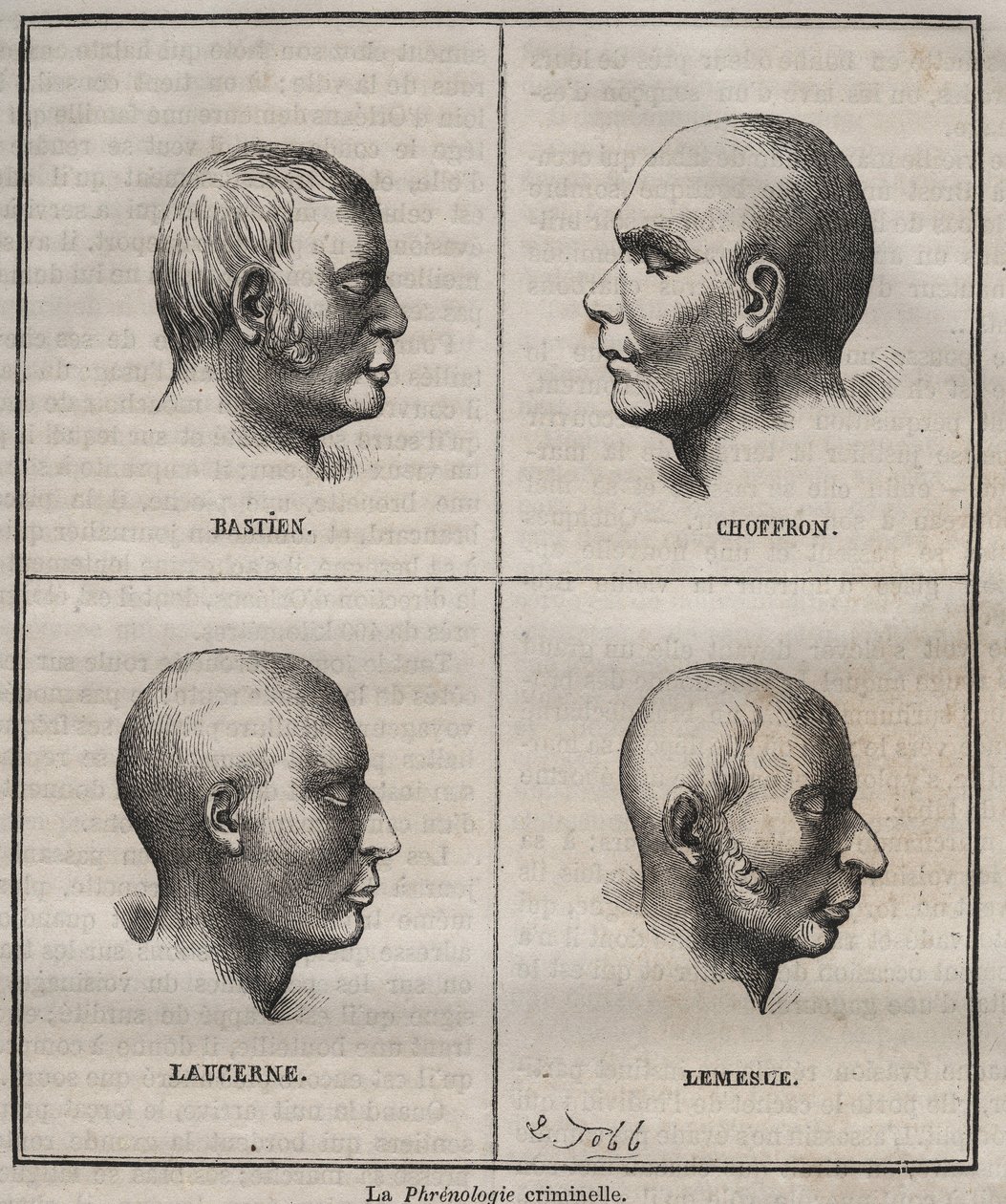 Phrenologie criminelle au bagne de Brest (portraits représentant les caractéristiques physiognomiques de différents types de criminels). Gravure dans « Histoire des bagnes depuis leur création à nos jours » (1877) par Pierre Zaccone. Collection privée. - Anonymous Anonymous