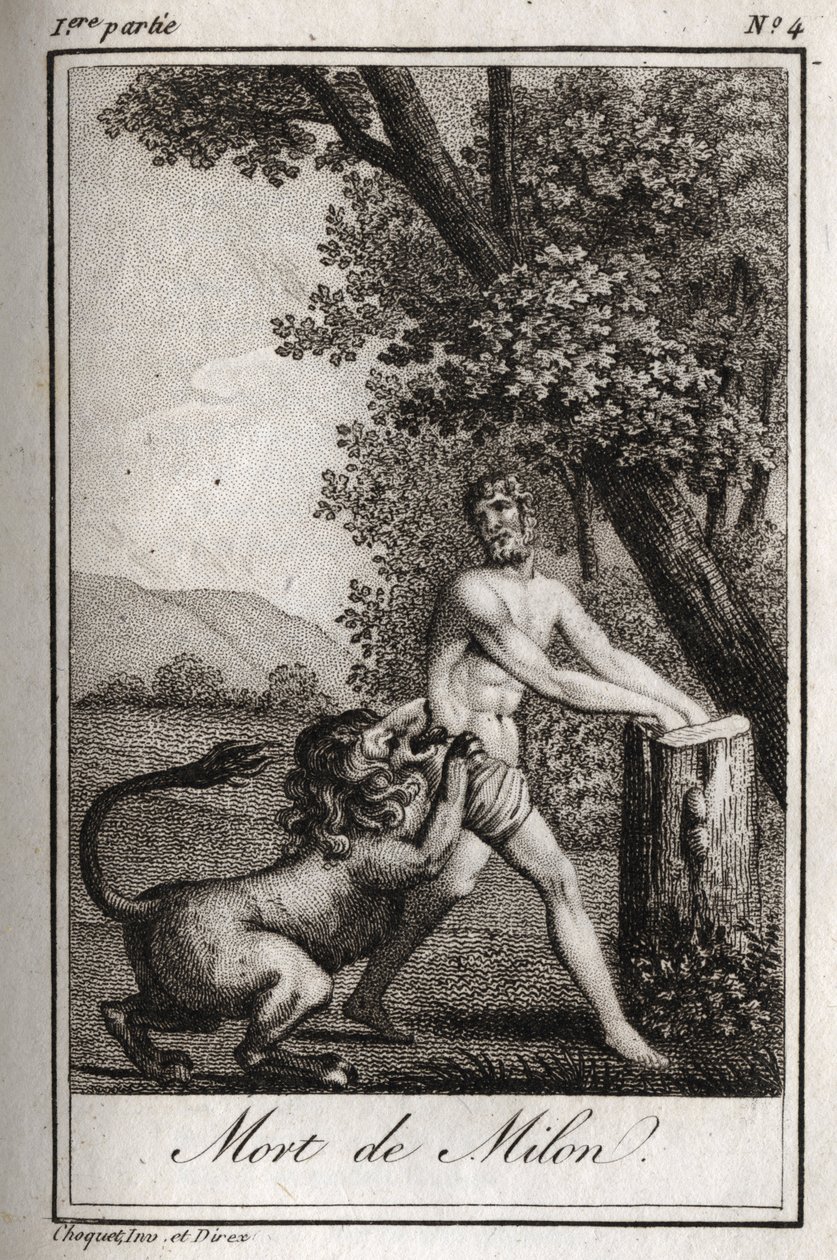Mort de Milon de Crotone dévoré par un loup. Gravure de 1819 dans "Lettres à Emilie sur la mythologie" par Charles Albert Demoustier (1760-1801). Collection privée. - Anonymous Anonymous