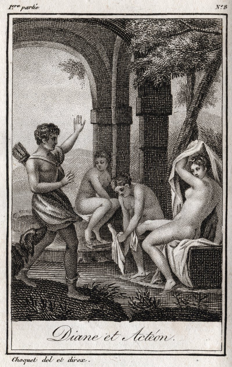 Diane et Actéon. Diane surprise au bain par le chasseur Actéon. Gravure de 1819 dans « Lettres à Émilie sur la mythologie » de Charles Albert Demoustier (1760-1801). Collection privée. - Anonymous Anonymous