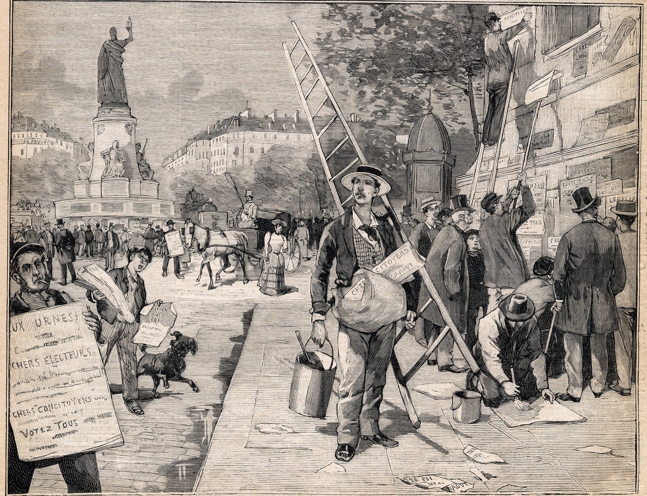 Affichage pendant la période électorale en France. Gravure dans "Le Petit Parisien" le 20/08/1893 - Anonymous Anonymous