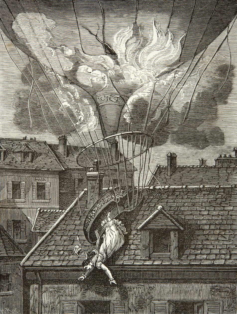 Mort dramatique de Madame Sophie Blanchard (1778-1819), aéronaute, le 6 juillet 1819 au-dessus des jardins de Tivoli à Paris, Gravure, Collection privée - Anonymous Anonymous